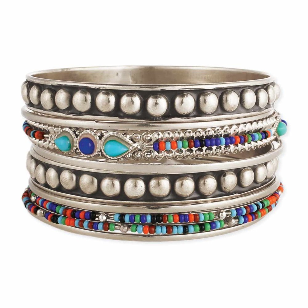 NEW~Set of 9 Silver & Multi Bead Bangles
